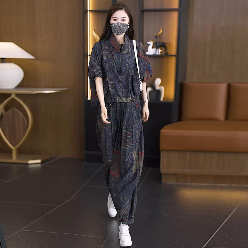 

Летняя мода с короткими рукавами, рубашка-летучая мышь, универсальные шаровары, двухкомпонентная, темпераментная, тонкая женская одежда XL чёрный