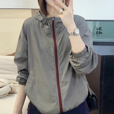 Women's Summer New Breathable Contrasting Zipper Loose Hooded Casual Thin Jacket with Sun Protection Clothing
