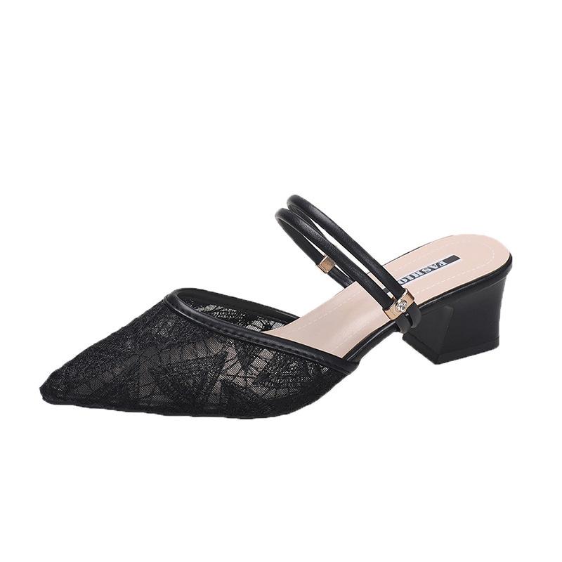 

2025 новые баотоу два способа ношения крутые тапочки женские стиль интернет-знаменитости острый носок толстый каблук с юбкой женские с открытой пяткой кружевные лицо крутые тапочки 41 чёрный