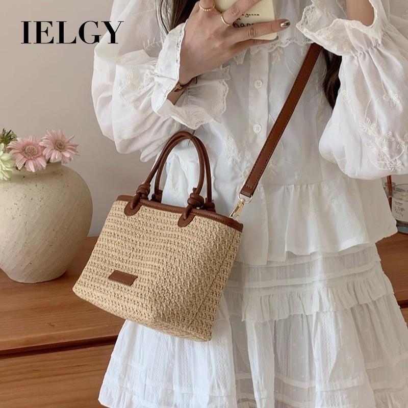 IELGY Beach Wind Hand-woven Small Bag, Shoulder Crossbody Vegetable Basket, Bucket Straw Bag