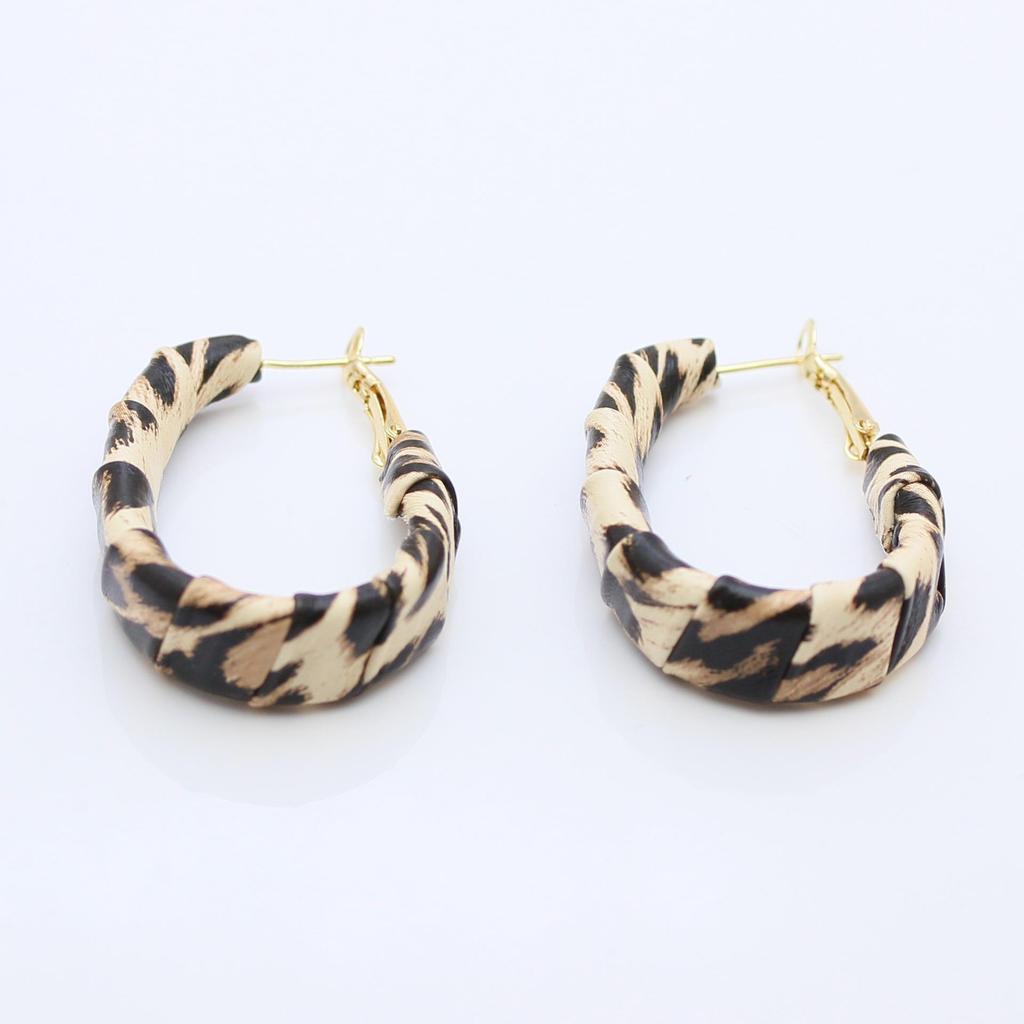 Geometric Silver Needle Earrings with Leopard Print Leather and Maillard Style Ear Cuffs