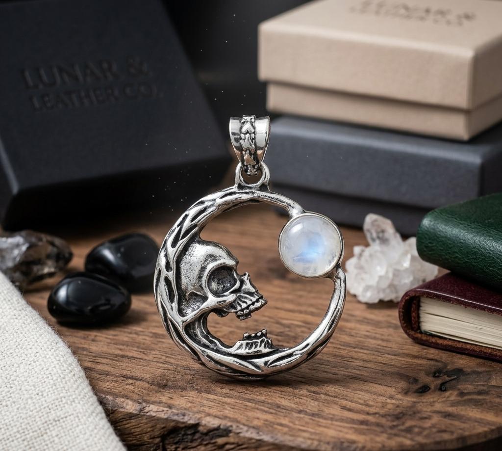 925 Sterling Silver Crescent Moon Skull Pendant for Men & Women Witchy Boho Jewelry with Rainbow Moonstone Gemstone