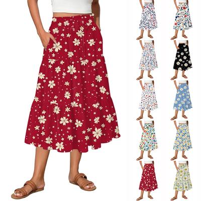 Women's Flowy Flared Ruffle Hem A Line Maxi Skirts Elastic Waist Elegant Tiered Layer Boho Long Skirts