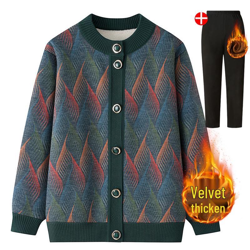 Women's Fleece-Lined Knitted Cardigan - Warm Autumn Winter Jacket for Elderly Ladies