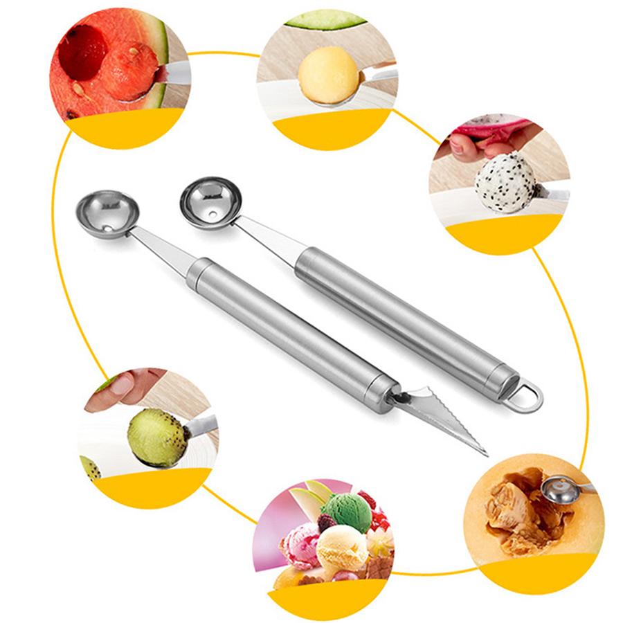 2Pcs Double-Headed Stainless Steel Fruit Baller Spoon - Multi-Function Melon Scoop & Carving Tool for Fruit Platter & Salad Prep