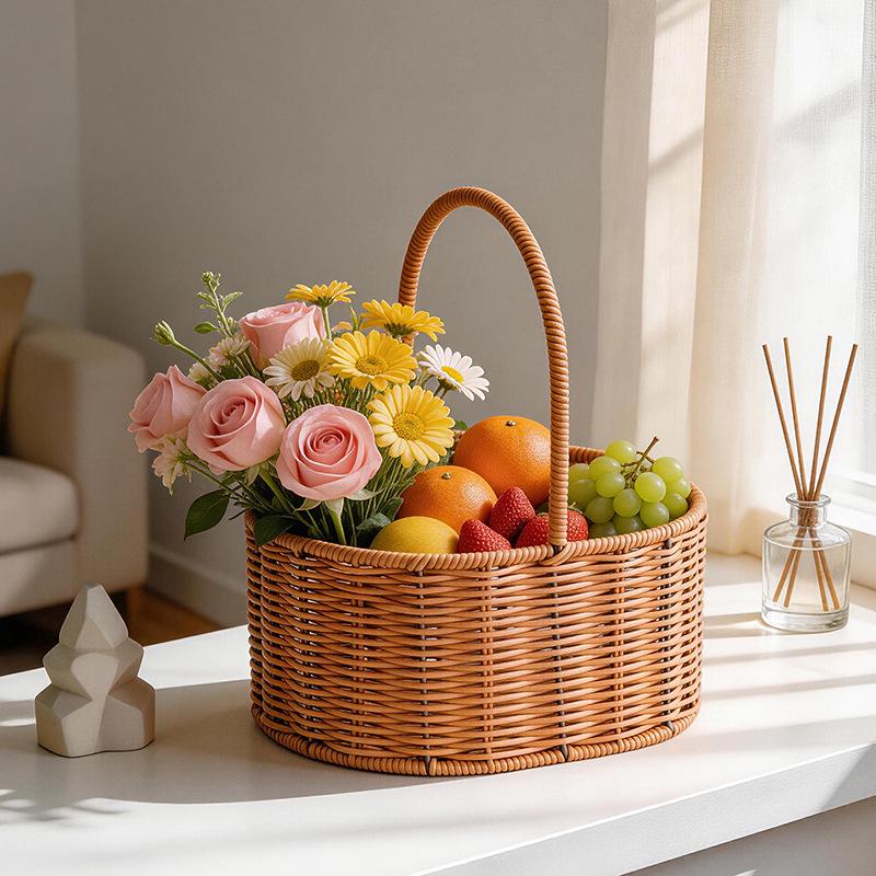 Pastoral Style Handmade Oval Rattan Flower Basket for Green Plants and Souvenir Storage
