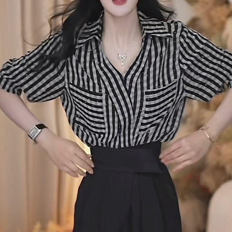 Korean Design Hot Diamond Plaid V-neck Pocket Shirt Women Summer New Versatile Fashion Top