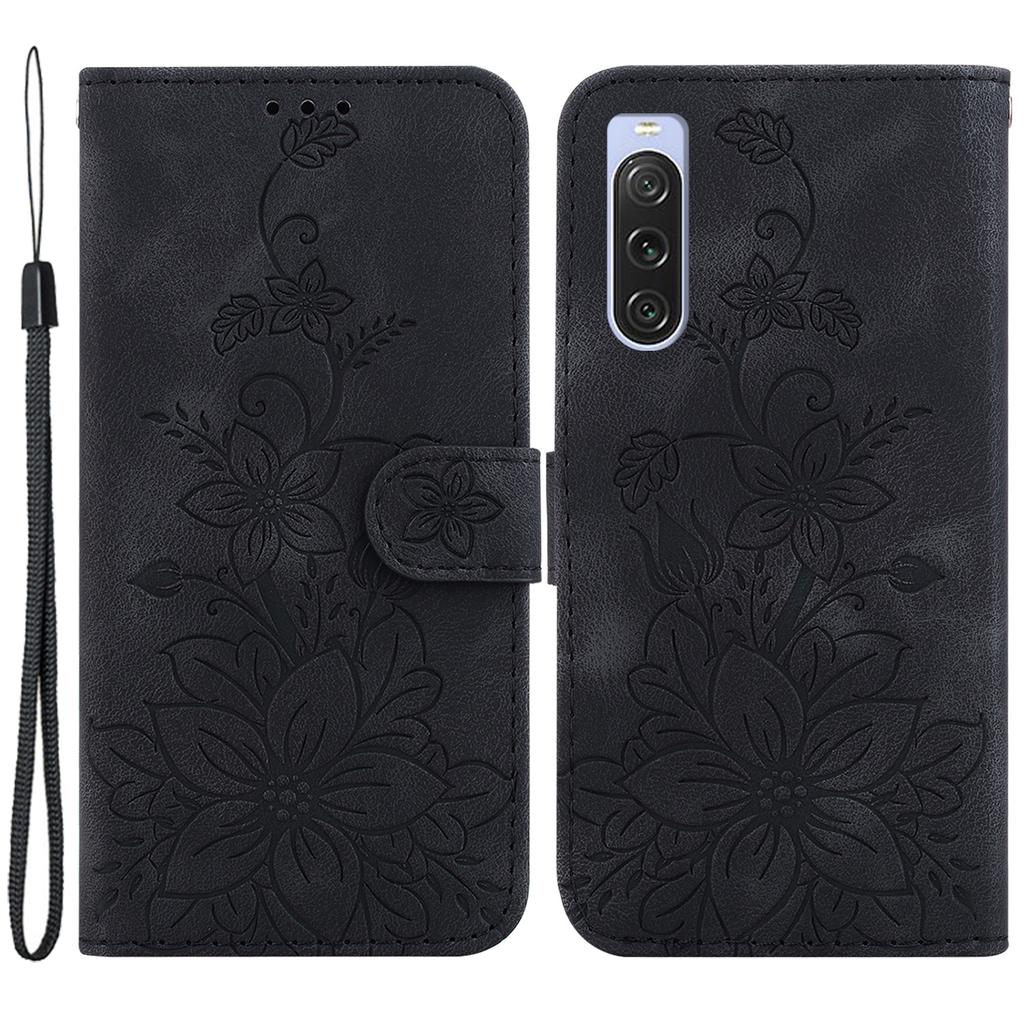 For Sony Xperia 10 V Shockproof PU Leather Phone Case Imprinted Lily Flower Cover Wallet Stand Shell