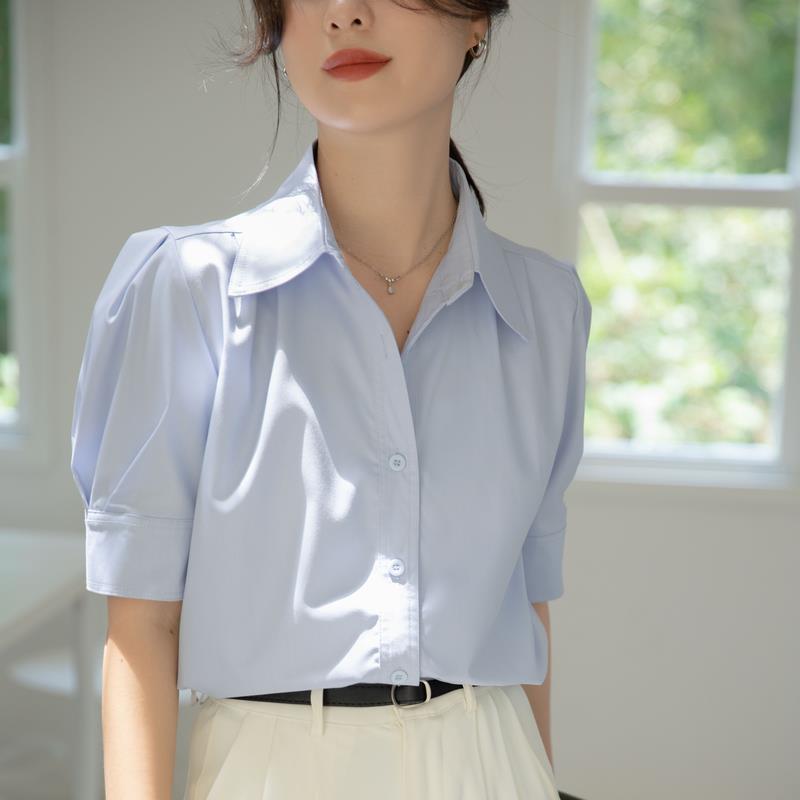 

GMXIA Женская темпераментная синяя рубашка, летняя тонкая профессиональная рубашка, пригородная блузка с короткими рукавамиjavascript: XXL синий