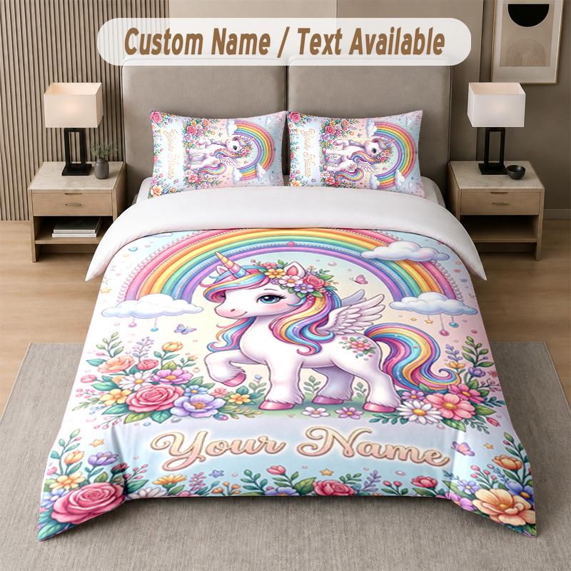 Unicorn Theme Custom Text Or Name 3Pcs Bedding Set 1 Flat Sheet & 2 Pillowcases Personalized Home Bedding