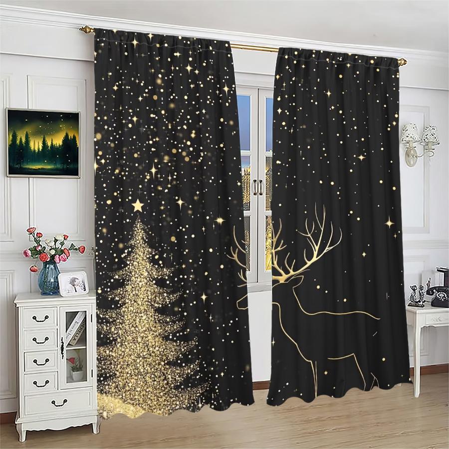 Golden Christmas Tree Elk Print Curtains Pole Bag Decorations Home Room Curtain Polyester
