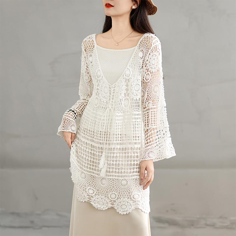 

Футболка женская вязаная кружевная с длинным рукавом с круглым вырезом полые летние стильные базовые топы футболки свободная одежда One Size белый