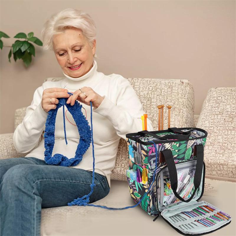 Yarn Storage Bag With Maple Leaves Knitting Tote Bag Orange Square Bag For Thread Wool Yarn Crochet Hooks Knitting Needles