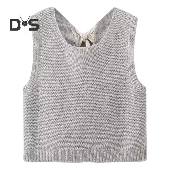 Women Knitted Vest Round Neck Sleeveless Crop Tank Bow Tie Decor Hollow Back Solid Color Short Sweater Vest