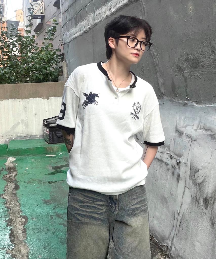 AWESOME STUDIO Waffle Henley Neck Ringer Color Block Tee White
