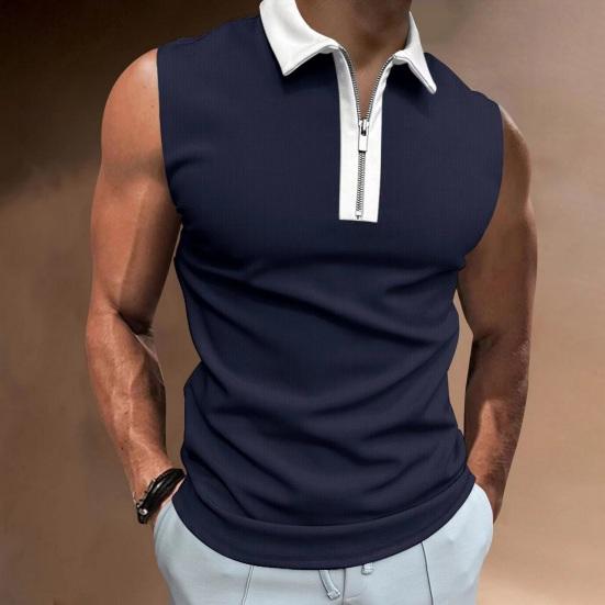 Men Summer Shirt Turn-down Collar Zipper Sleeveless Solid Color Patch Pocket Breathable Pullover Slim Fit Mid Length Casual Daily Top