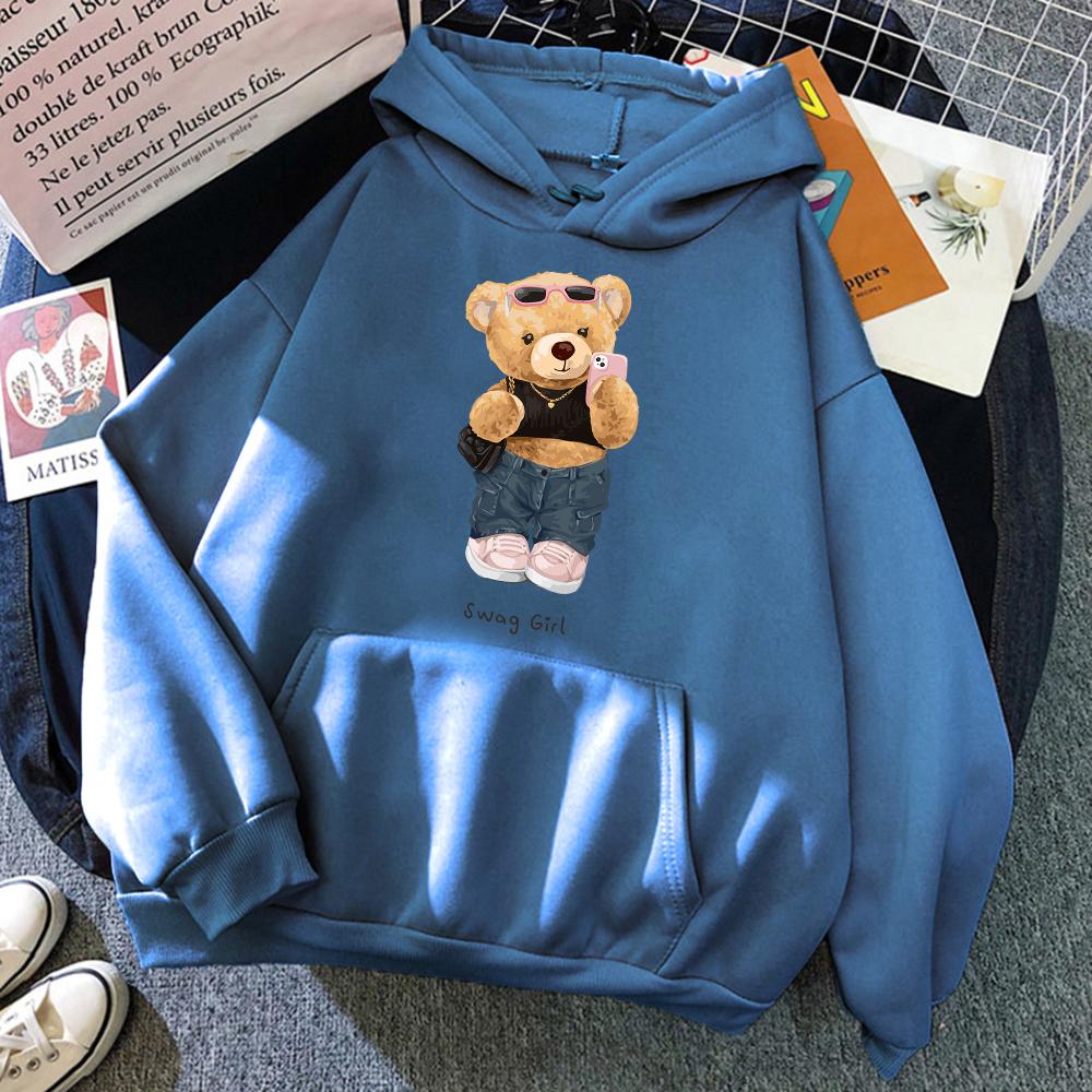 Street Teddy Bear Selfie Swag Girl Funny Women Clothes Breathable Loose Hoodies Harajuku Pocket Sweatshirt Soft Crewneck Hoody
