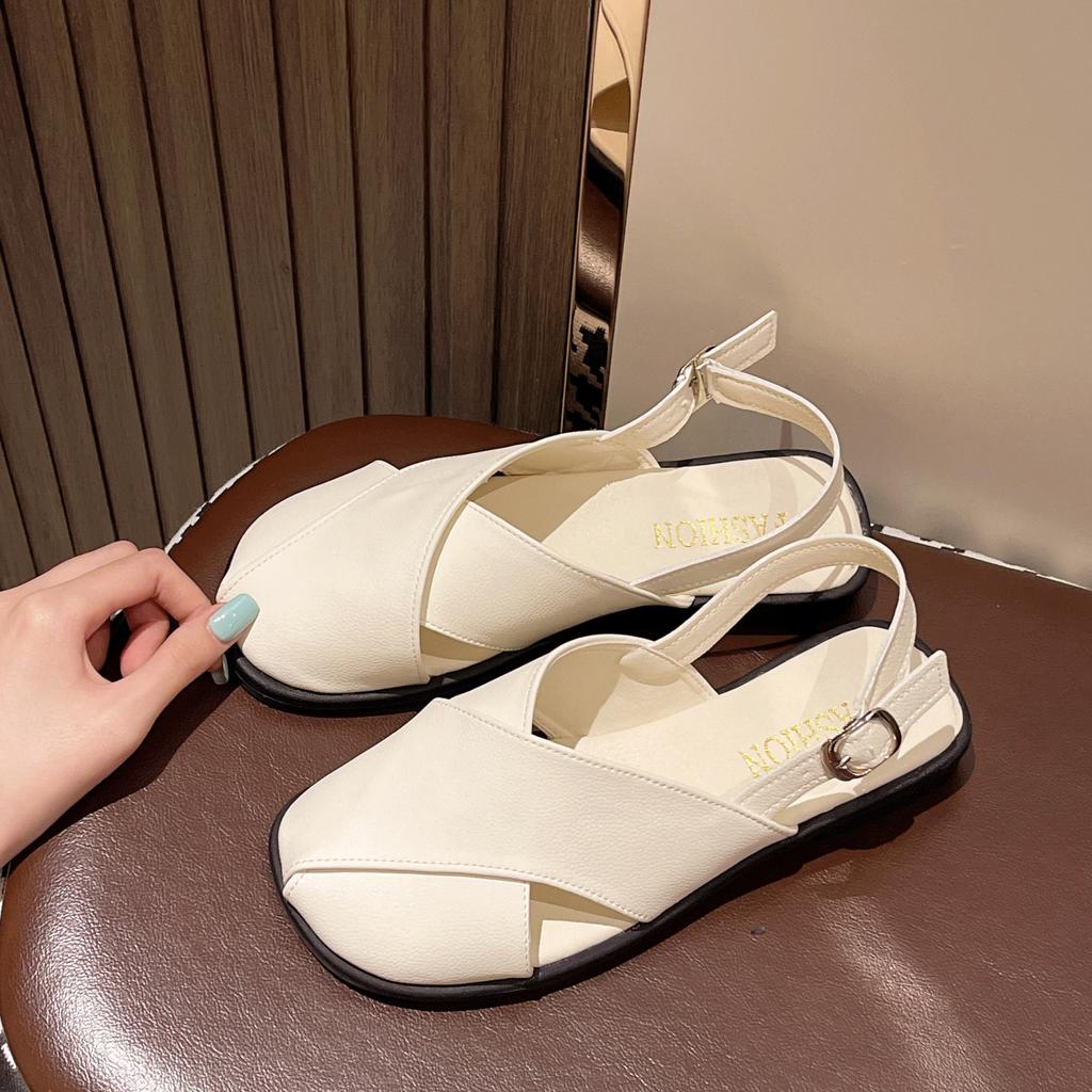 Hollow Flat Bottom Casual Bag Head Rear Empty Sandals Summer Women's 2024 Retro Round Head Korean Version Breathable Beach Sandals