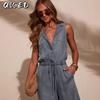 QICED Women's Fashion Casual Solid Color Print Sleeveless Jumpsuit