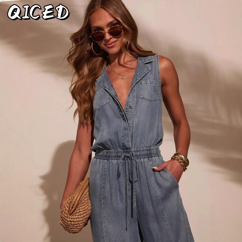 QICED Women's Fashion Casual Solid Color Print Sleeveless Jumpsuit