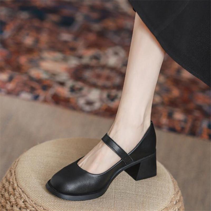 Genuine Leather Women High Heel Shoes Mary Jane  Chunky Heeled Shoes Women Spring Luxury Party Wedding Ladies Shoes