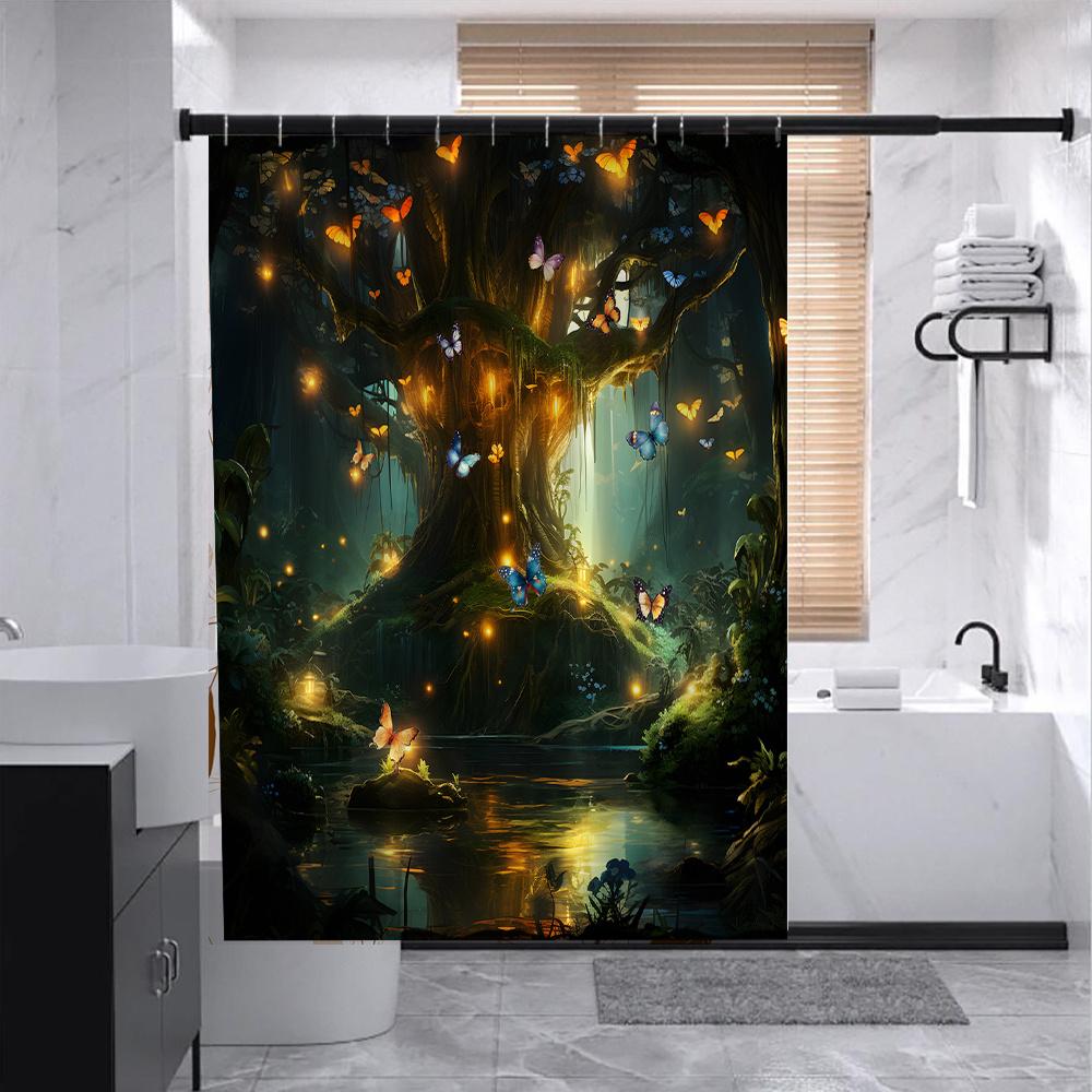 Pandara Jewelry Enchanted Forest Shower Curtain - Tree, Butterflies & Fireflies For Bathroom Decor, Adds Mystical Beauty And Wonder