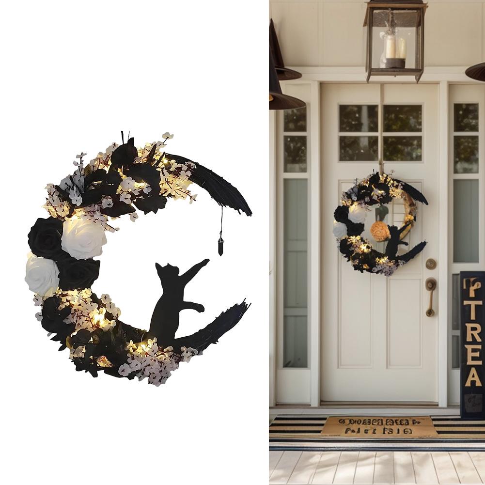 Gothic Wreath Decoration with Lights Halloween Moon Wreath with Black Cat Halloween Moon Cat Wreaths Halloween Decorations