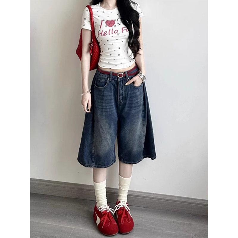 Damen High-Waist A-Linie Denim Capri-Shorts - Große Größen, Retro, Schlankmachend, Weiter Bein, Sommerkleidung