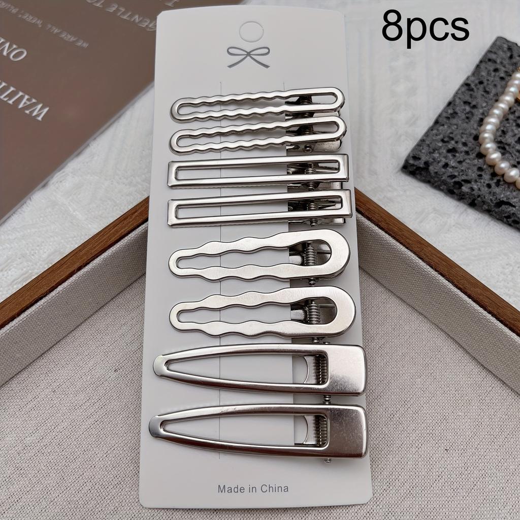 8pcs Elegant Silvery Hair Clips Set Wave Star Geometric and Teardrop Shapes Stylish Bangs and Forehead Clips for Casual Attire