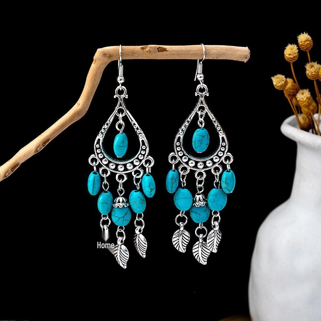 Retro Ethnic Turquoise Earrings: Blue Hollow Flower, Tassel, Owl, and Water Drop Designs