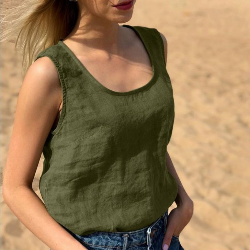 Women's Loose Casual Cotton and Linen Summer Solid Colour Round Neck Tank Top