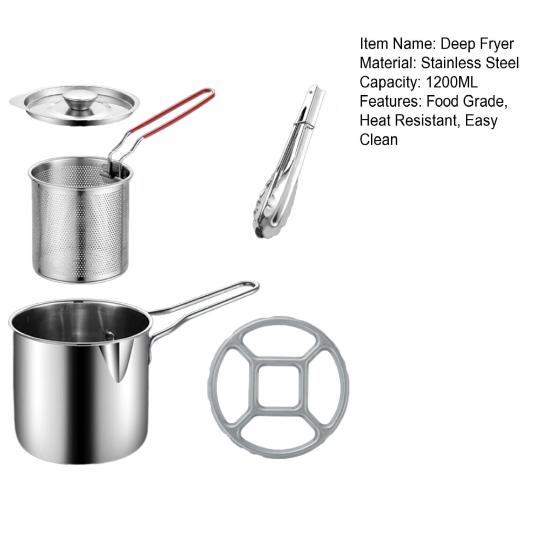 1,2L Rostfri Fritösgryta med Korgklämma Stor Kapacitet Tål Diskmaskin Fritering Matlagningsolja Filter Baconfettbehållare Köksredskap