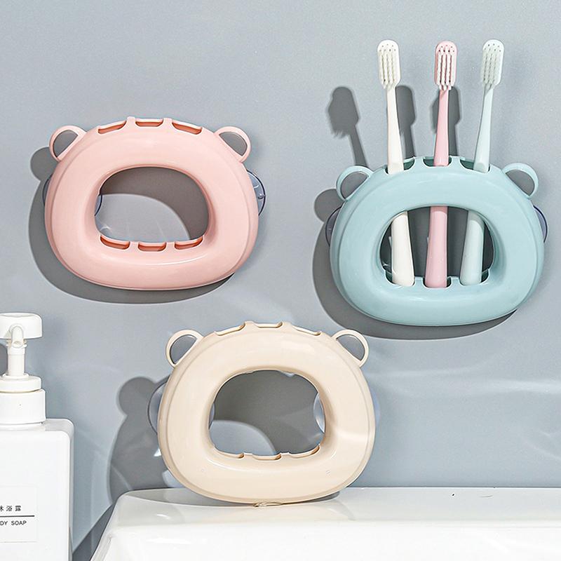 Creative Suction Cup Toothbrush Holder Wall Mounted 3 Slots Toothbrush Rack Punch-Free Wall Shelves Hooks