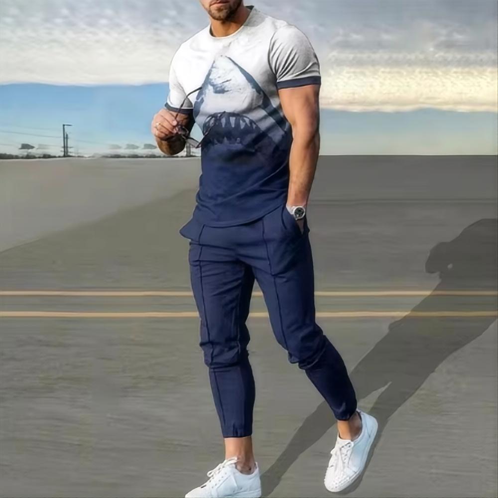 Sommermode Neues Herren-Hosen-Sportset 3D-bedrucktes gestreiftes Kurzarm-T-Shirt+Hose 2-teiliges Set Herren-Sportset