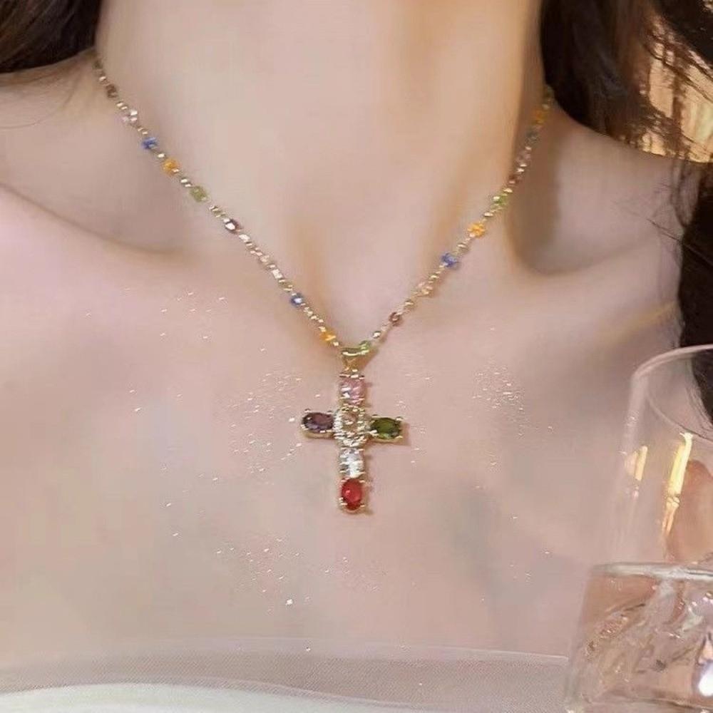Colorful Zircon Beads Necklaces Crystal Beaded Clavicle Chain Cross Pendant Necklace  Beaded