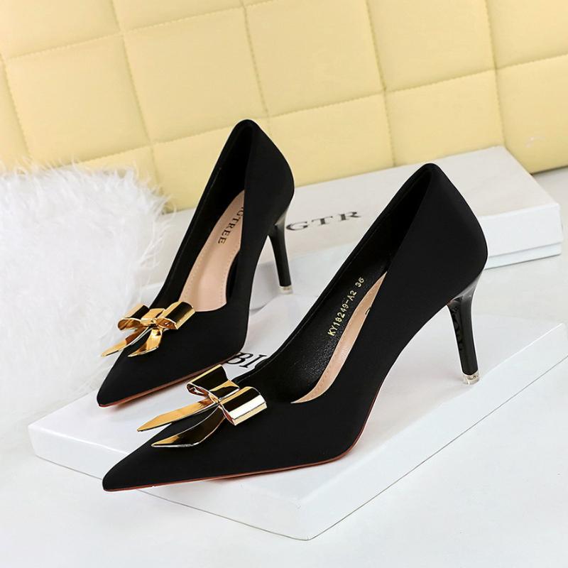 Fashionable Pointed High Heels Metal Bow Thin Heels Single Shoes For Women's Satin Light Mouth Women's Shoes Elegant And Simple