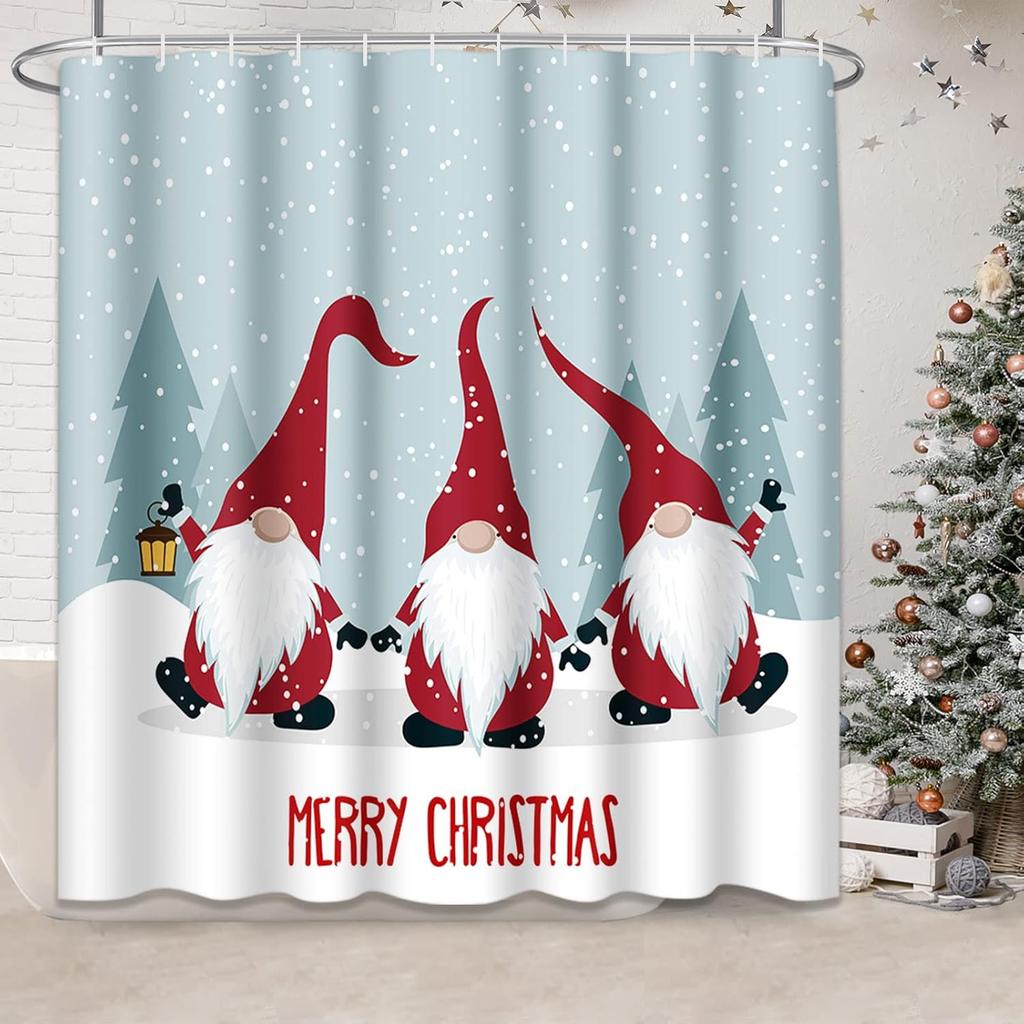 Three Christmas Dwarf Elves in Snow Shower Curtain, Waterproof Fabric Bathroom Shower Curtain Set with 12 Hooks 72"X72"