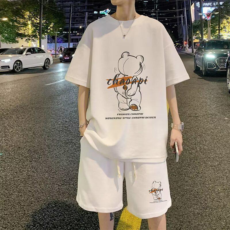 Men's Summer Waffle Knit Set: Short-Sleeve T-Shirt & Shorts 2-Piece for Teens