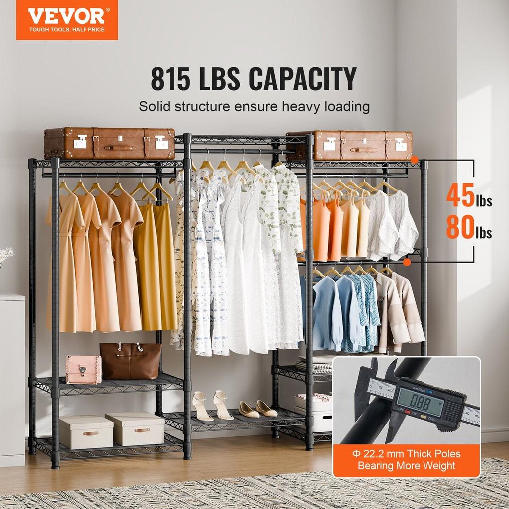 Heavy Duty Clothes Rack, Rolling Clothing Garment Rack with 4 Hang Rods & 8 Storage Tiers, Adjustable Custom Closet Rack, Freestanding Wardrobe for