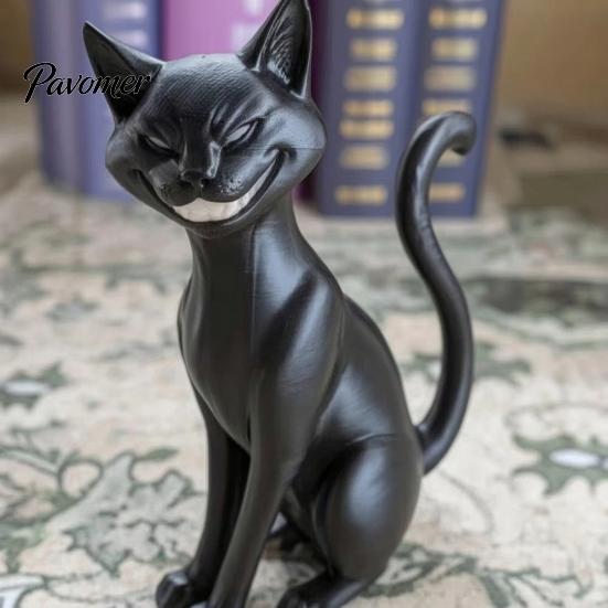 Creepy Cute Cat Statue 3D Printed Grinning Black Statue, Sitting Figurine, Dark Animal Collectibles Style Sculpture, Halloween Decorative Figurine for