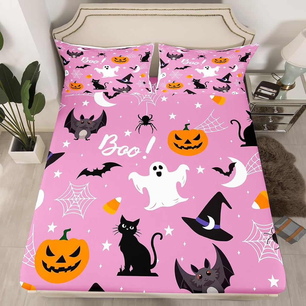 Gothic Spooky Bedding Set Pumpkin Lantern Cute Halloween Bed Sheets for Kids Boys Teens,Ghost Spiderwebs Fitted Sheet Black Cat Cobwebs Bats