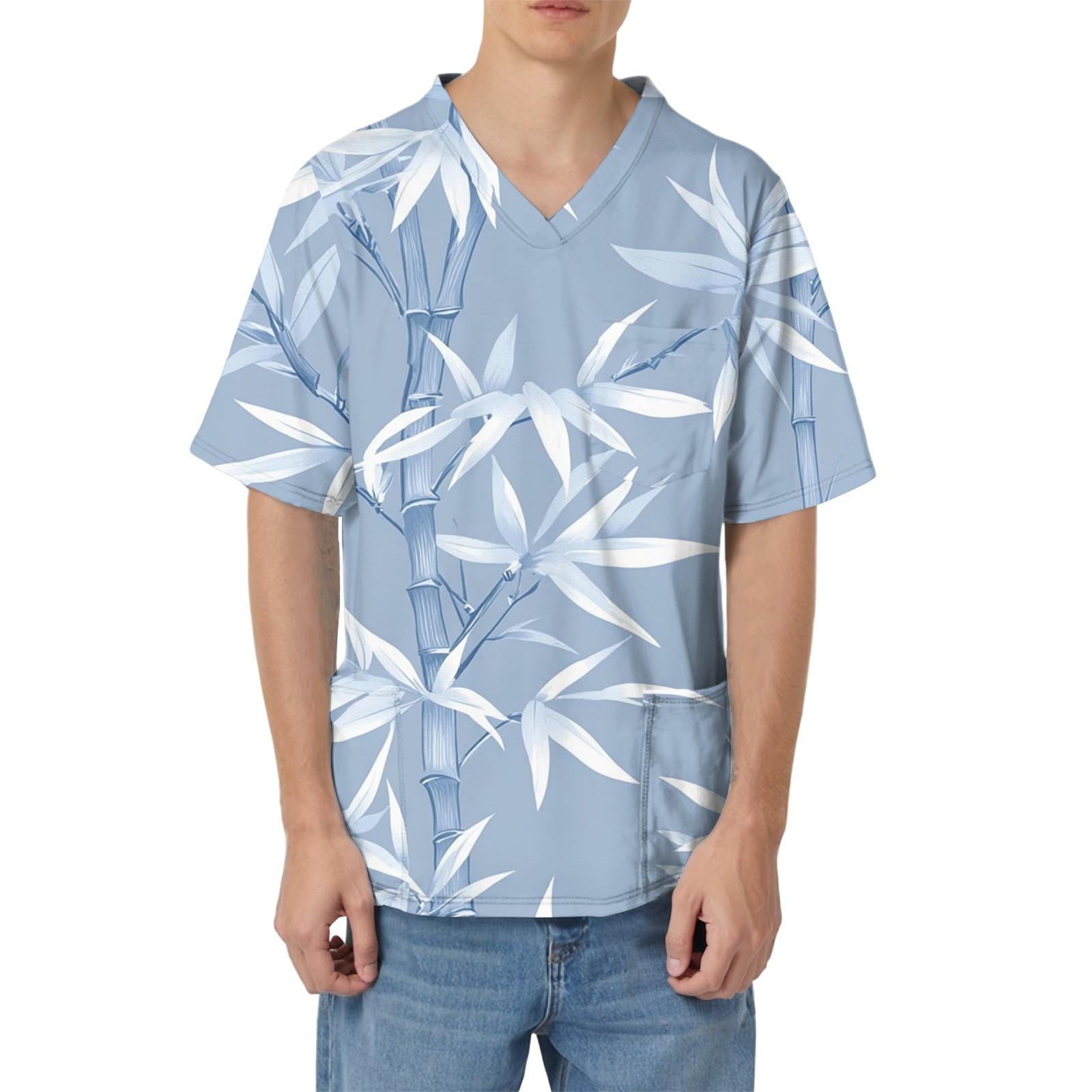 

Men s Printing Short Sleeve V-neck Working Blouse Chest Pocket Carer Top XXL