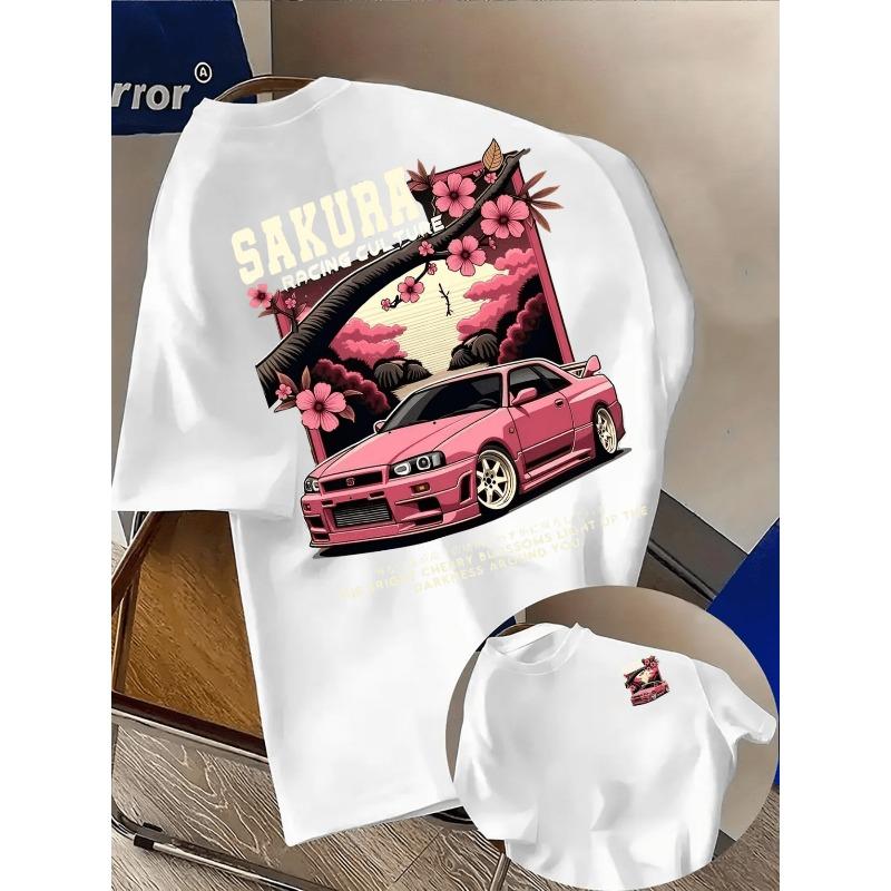 Men's Sakura Racing Culture Graphic T-Shirt - Retro Street Style, Soft and Breathable, Vibrant Print Design, Round Neck, Short Sleeve Summer Shirt