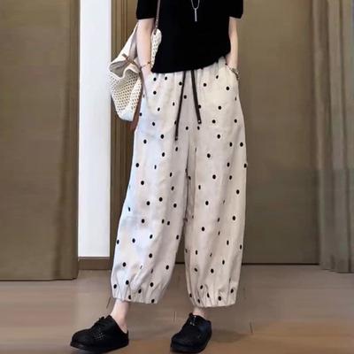 Plus Size Women's Summer Thin Loose Lantern Pants - High-Waist Slimming Polka Dot Casual Trousers with Cuffed Anti-Wrinkle Design