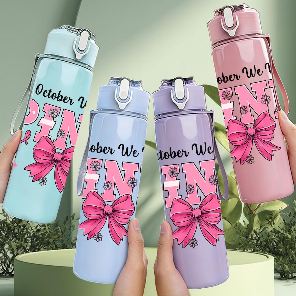 1PC In October We Wear Pink Bow 750ml Color Plastic Sports Water Bottle Leakproof Flip Straw Lid Suitable for Sports Office Home Use