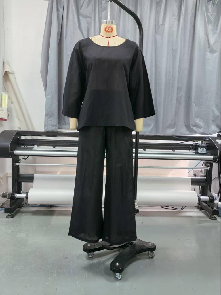 2025 Women's Solid Color Round Neck Linen Cotton Top & Lace-up Loose Pants 2-Piece Set: European and American Style