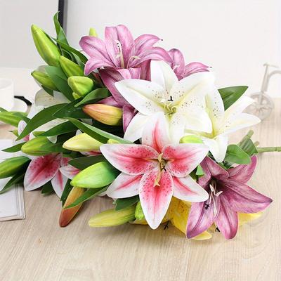 Real Looking 3D Printing Lily Branch Artificial Flowers White Fake Flowers Flores for Wedding Home Garden Decoration
