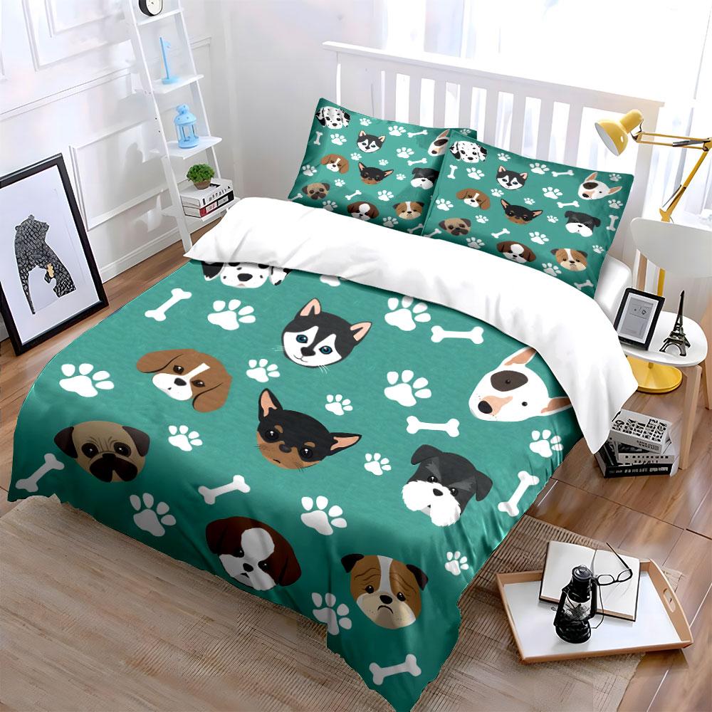 Cute Dog Faces and Paw Prints Bedding Duvet Cover Set (1*Duvet Cover 2*Pillowcases, without duvet insert)