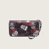 Halloween-Geschenkidee lange Geldbörse mit Totenkopf- und Rosenprint, mit Armband, Punk-Stil, in verschiedenen Farben, darunter Schwarz und Rot.