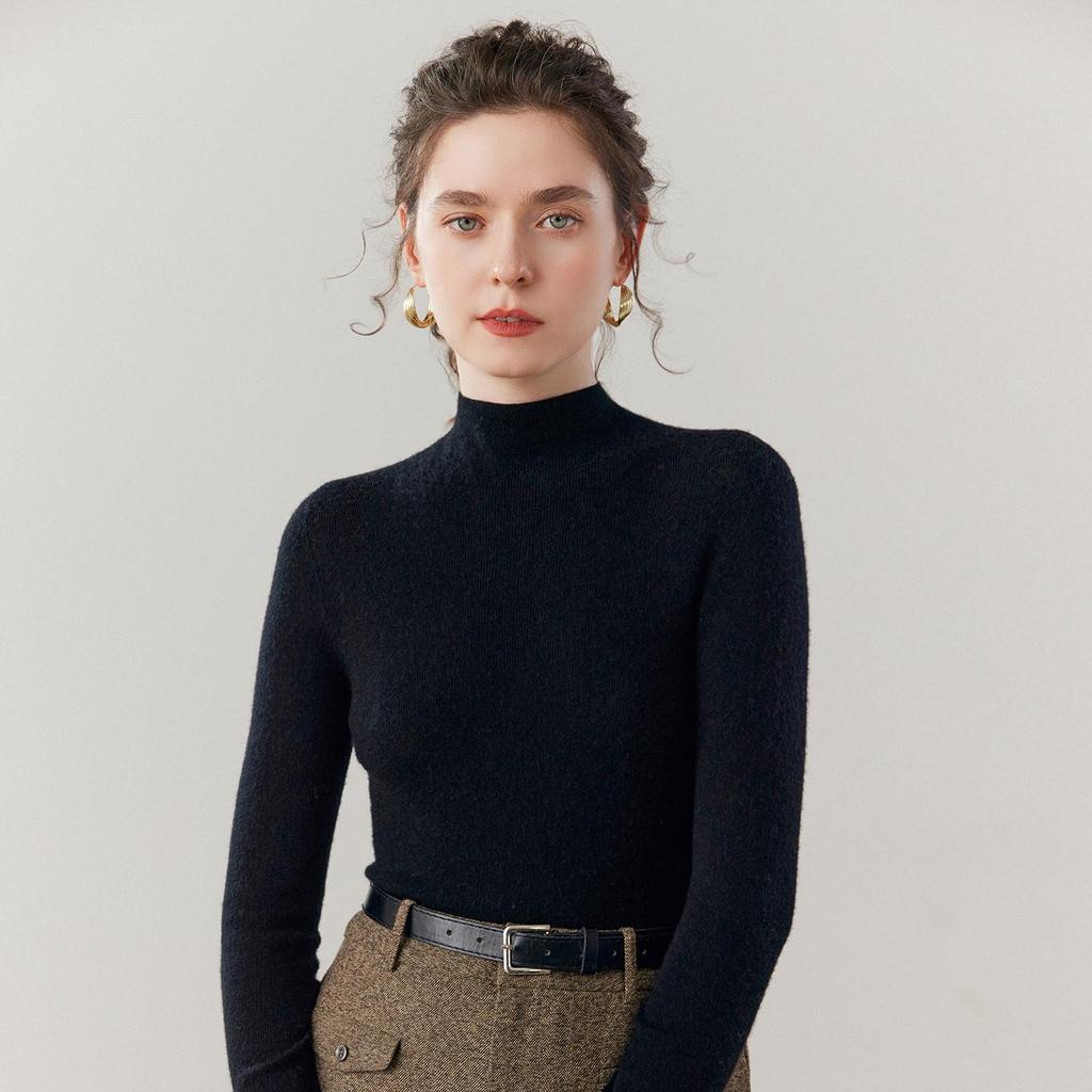 Velvet Seamless Slim-Fit Cashmere Sweater, Thin Knit, Half-High Neck, Skin-Friendly, Autumn/Winter Base Layer.